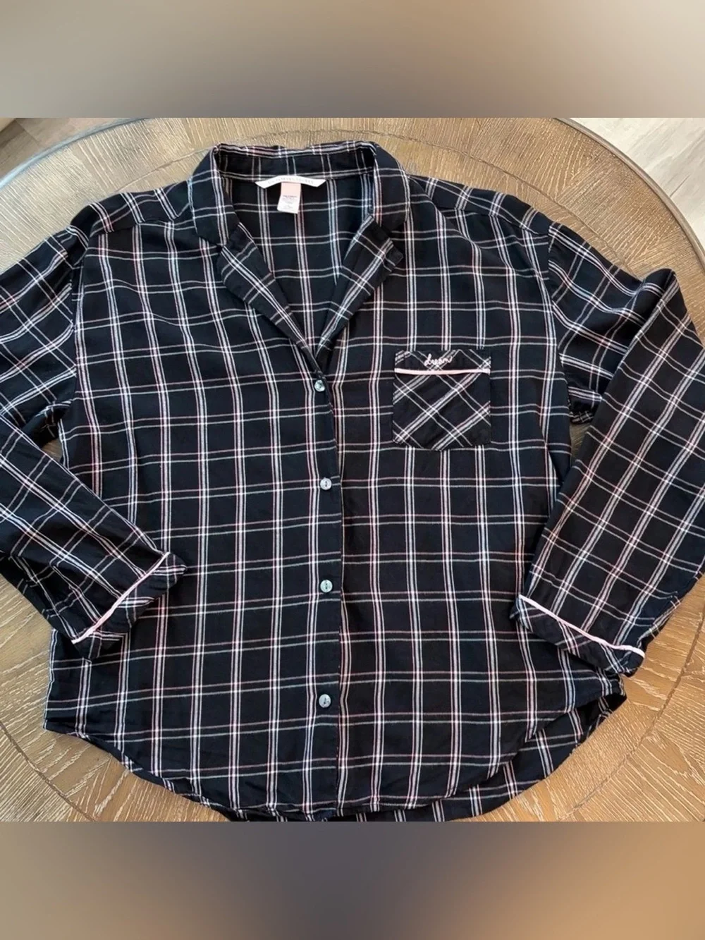 Victoria's Secret The Dreamer Black and Pink Plaid Flannel Sleep Shirt Medium